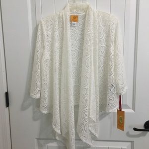 RUBY RD PS Boho White Lace Waterfall Topper Wrap Cardigan Drape Sheer Tie